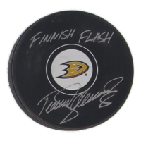 Teemu Selanne Signed Ducks Logo Hockey Puck Inscribed "Finnish Flash" (JSA) at PristineAuction.com