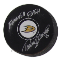 Teemu Selanne Signed Ducks Logo Hockey Puck Inscribed "Finnish Flash" (JSA) at PristineAuction.com