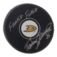 Teemu Selanne Signed Ducks Logo Hockey Puck Inscribed "Finnish Flash" (JSA) at PristineAuction.com