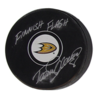 Teemu Selanne Signed Ducks Logo Hockey Puck Inscribed "Finnish Flash" (JSA) at PristineAuction.com
