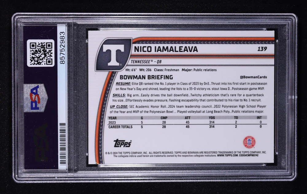 Nico Iamaleava Signed 2024 Bowman Chrome University #139 RC (PSA) at PristineAuction.com Nico Iamaleava Signed 2024 Bowman Chrome University #139 RC (PSA) at PristineAuction.com