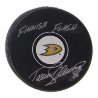 Teemu Selanne Signed Ducks Logo Hockey Puck Inscribed "Finnish Flash" (JSA) at PristineAuction.com