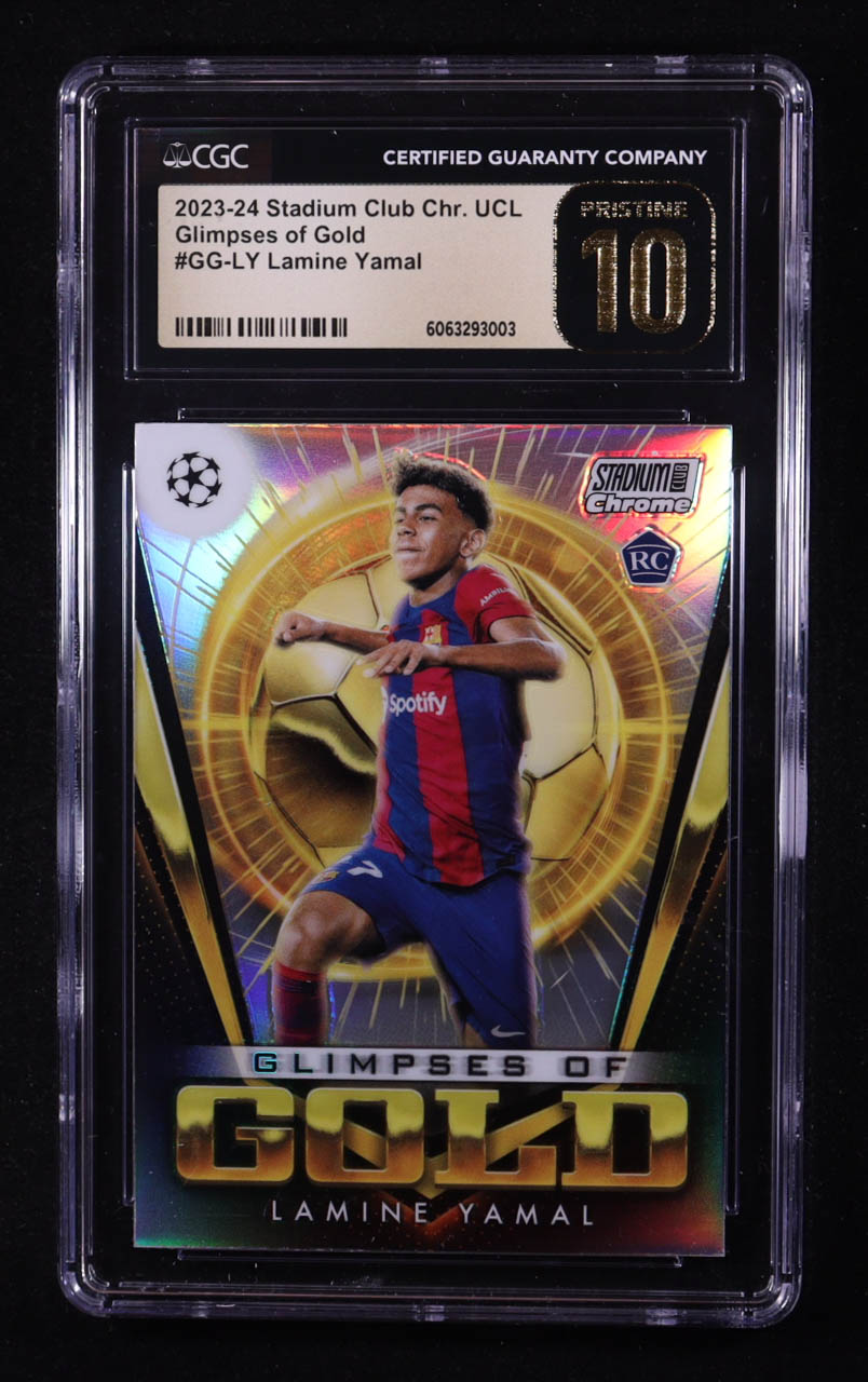 Lamine Yamal 2023-24 Stadium Club Chrome UEFA Champions League Glimpses of Gold #GGLY RC (CGC 10 | Pristine Black Label) at PristineAuction.com Lamine Yamal 2023-24 Stadium Club Chrome UEFA Champions League Glimpses of Gold #GGLY RC (CGC 10 | Pristine Black Label) at PristineAuction.com
