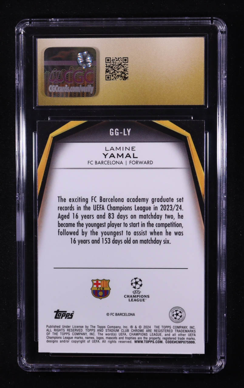 Lamine Yamal 2023-24 Stadium Club Chrome UEFA Champions League Glimpses of Gold #GGLY RC (CGC 10 | Pristine Black Label) at PristineAuction.com Lamine Yamal 2023-24 Stadium Club Chrome UEFA Champions League Glimpses of Gold #GGLY RC (CGC 10 | Pristine Black Label) at PristineAuction.com