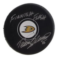 Teemu Selanne Signed Ducks Logo Hockey Puck Inscribed "Finnish Flash" (JSA) at PristineAuction.com