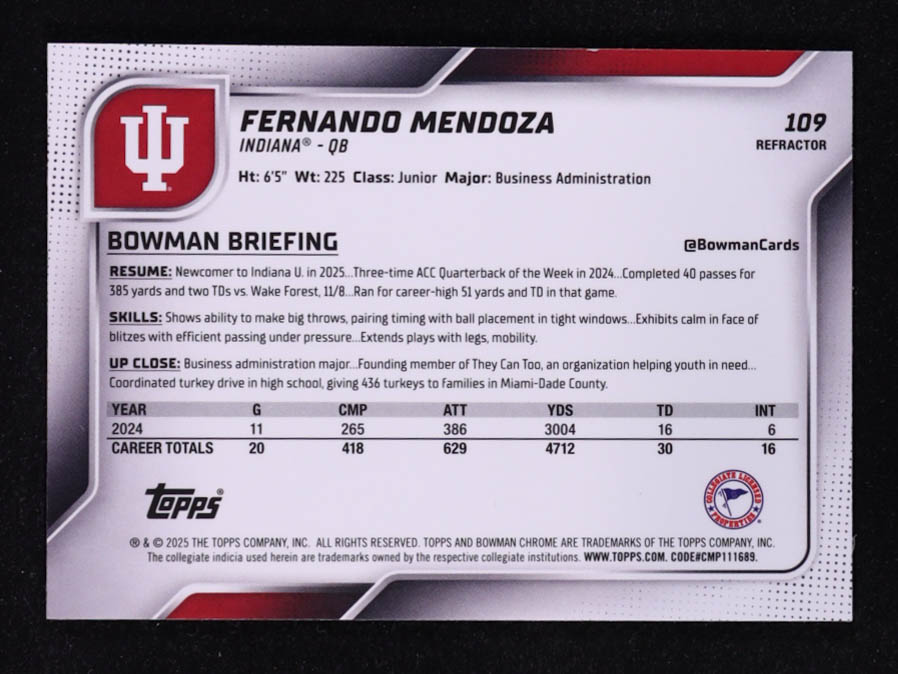 Fernando Mendoza 2025 Bowman Chrome University Refractors #109 RC at PristineAuction.com Fernando Mendoza 2025 Bowman Chrome University Refractors #109 RC at PristineAuction.com