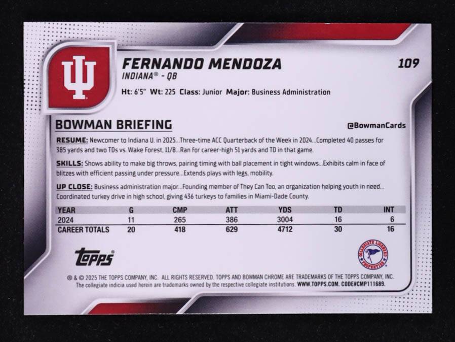 Fernando Mendoza 2025 Bowman Chrome University Stealth Refractors #109 RC at PristineAuction.com Fernando Mendoza 2025 Bowman Chrome University Stealth Refractors #109 RC at PristineAuction.com