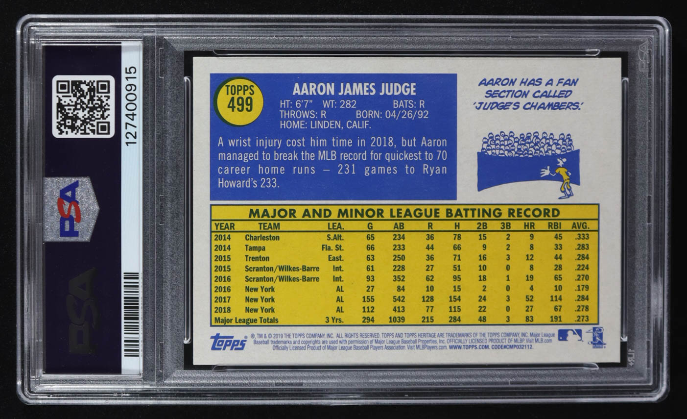 Aaron Judge 2019 Topps Heritage #499 SP (PSA 9) at PristineAuction.com Aaron Judge 2019 Topps Heritage #499 SP (PSA 9) at PristineAuction.com