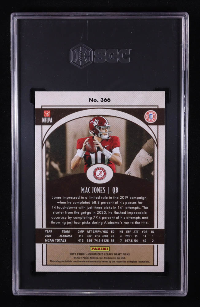 Mac Jones 2021 Panini Chronicles Draft Picks Legacy Rookies #366 RC (SGC 10) at PristineAuction.com Mac Jones 2021 Panini Chronicles Draft Picks Legacy Rookies #366 RC (SGC 10) at PristineAuction.com