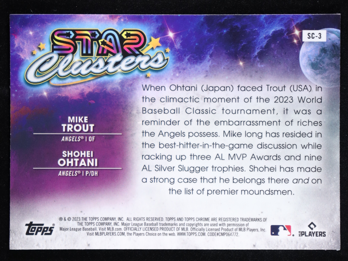Shohei Ohtani / Mike Trout 2023 Topps Cosmic Chrome Star Clusters #SC3 at PristineAuction.com Shohei Ohtani / Mike Trout 2023 Topps Cosmic Chrome Star Clusters #SC3 at PristineAuction.com