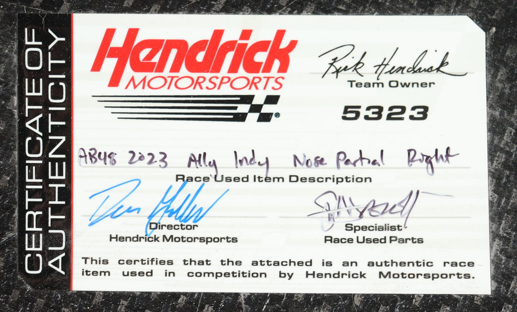 Alex Bowman Race-Used 2023 Verizon 200 #48 Ally Right Partial Nose Car Piece (Hendrick Motorsports) at PristineAuction.com Alex Bowman Race-Used 2023 Verizon 200 #48 Ally Right Partial Nose Car Piece (Hendrick Motorsports) at PristineAuction.com