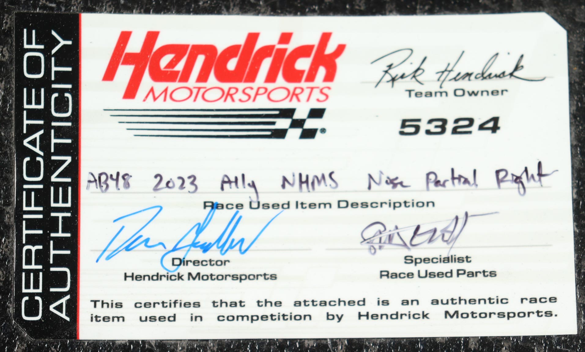 Alex Bowman Race-Used 2023 Crayon 301 #48 Ally Right Partial Nose Car Piece (Hendricks Motorsports) at PristineAuction.com Alex Bowman Race-Used 2023 Crayon 301 #48 Ally Right Partial Nose Car Piece (Hendricks Motorsports) at PristineAuction.com