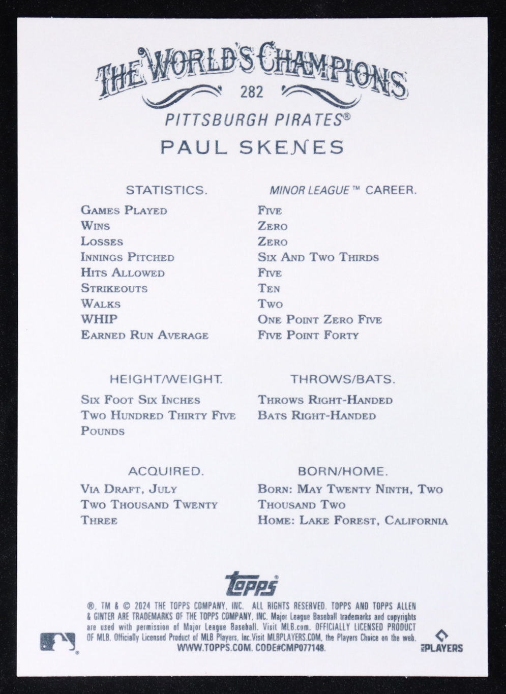 Paul Skenes 2024 Topps Allen and Ginter #282 RC at PristineAuction.com Paul Skenes 2024 Topps Allen and Ginter #282 RC at PristineAuction.com