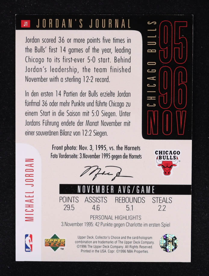 Michael Jordan 1996-97 Collector's Choice International German Jordan's Journal #J1 at PristineAuction.com Michael Jordan 1996-97 Collector's Choice International German Jordan's Journal #J1 at PristineAuction.com