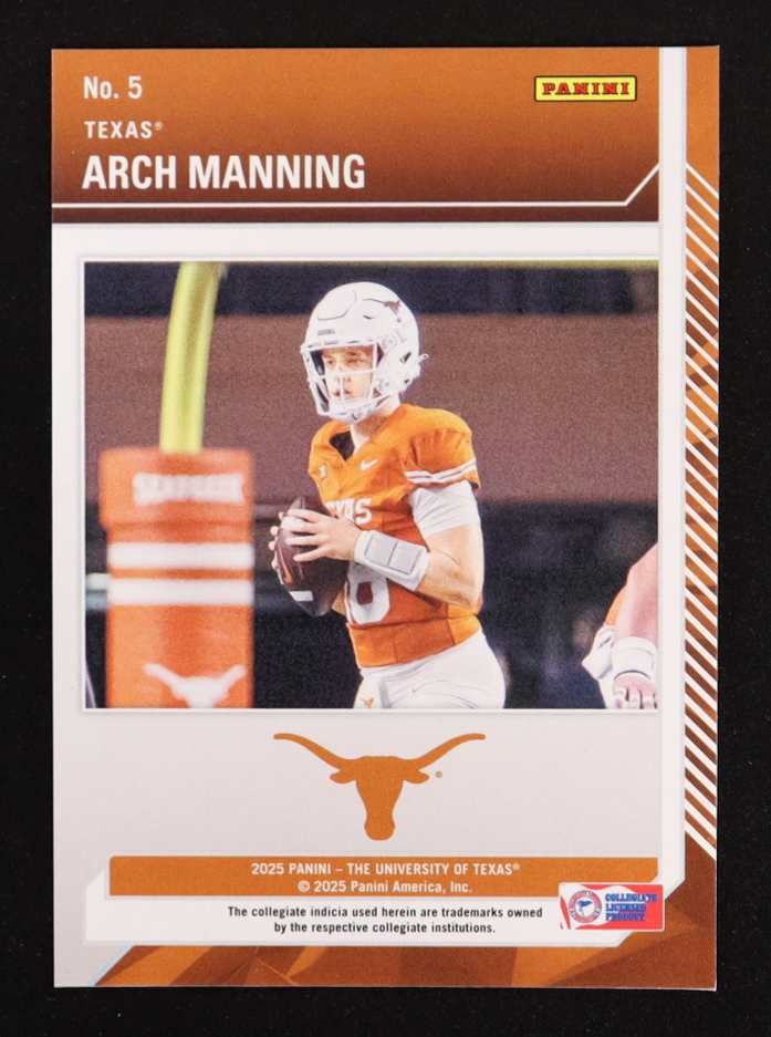 Arch Manning 2025 Panini NIL University of Texas School Colors Prizms #5 RC at PristineAuction.com Arch Manning 2025 Panini NIL University of Texas School Colors Prizms #5 RC at PristineAuction.com
