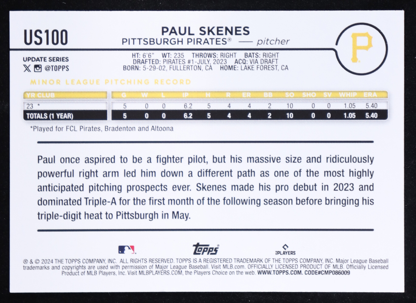 Paul Skenes 2024 Topps Update #US100 RC at PristineAuction.com Paul Skenes 2024 Topps Update #US100 RC at PristineAuction.com