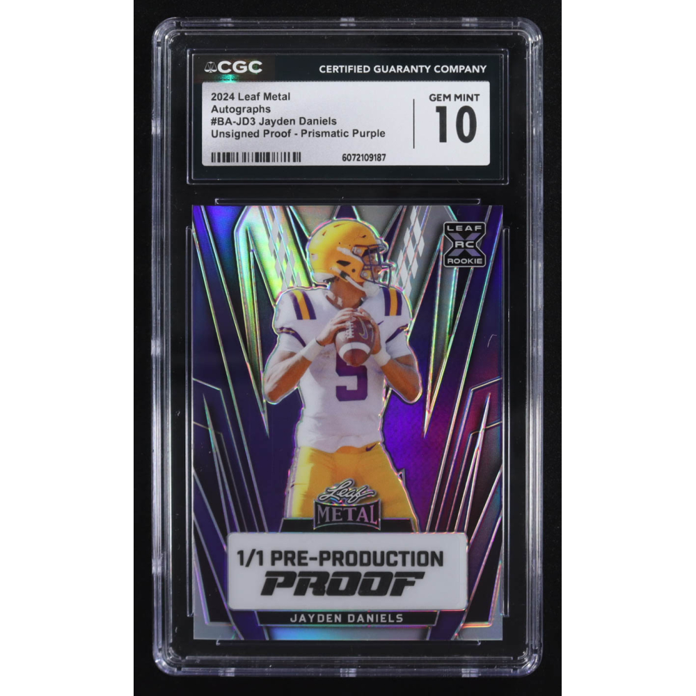 Jayden Daniels 2024 Leaf Metal Autographs Prismatic Purple Pre-Production Proof XRC Unsigned #BA-JD3 RC #1/1 (CGC 10) at PristineAuction.com