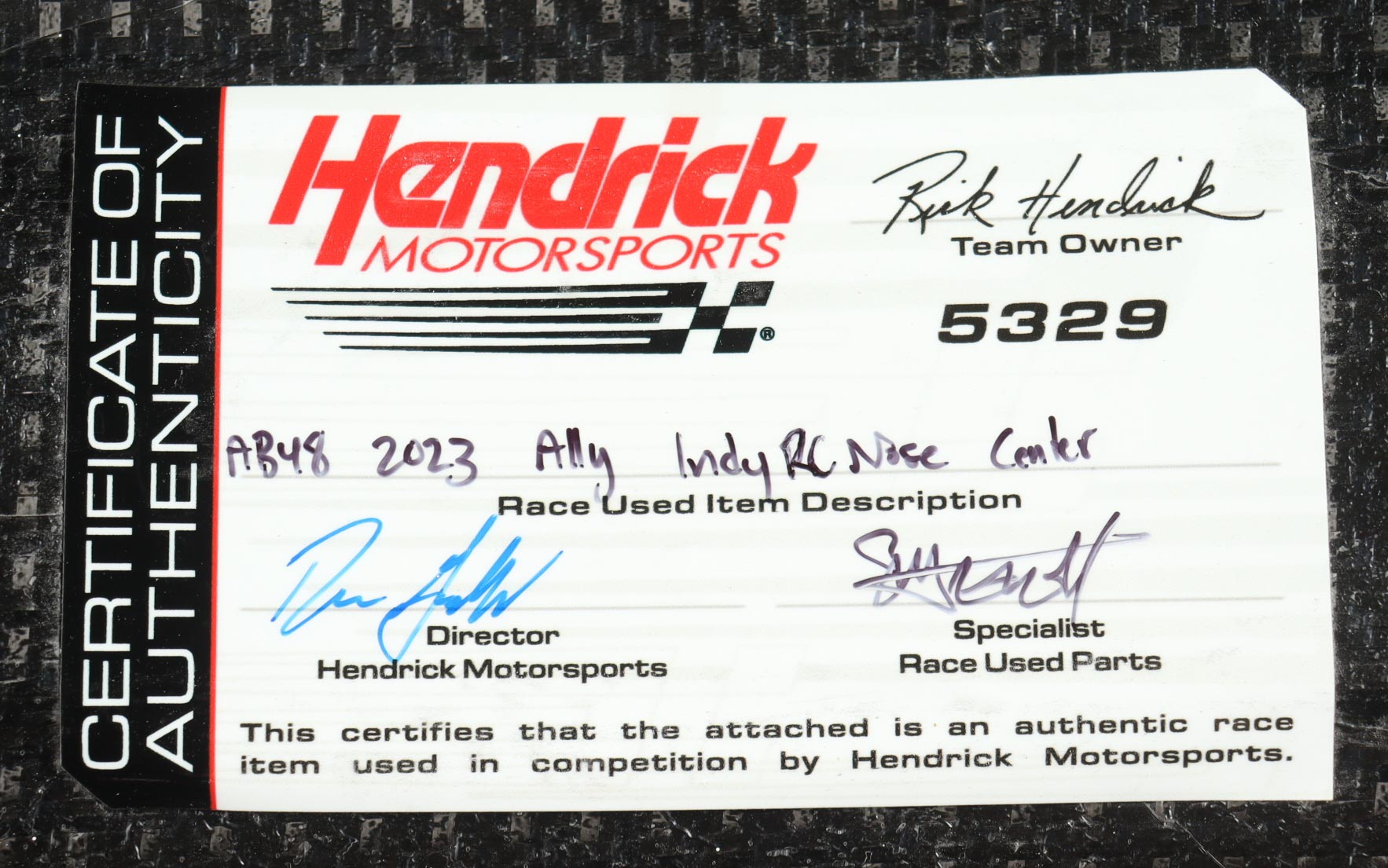 Alex Bowman Race-Used 2023 Verizon 200 #48 Ally Center Nose Car Piece (Hendrick Motorsports) at PristineAuction.com Alex Bowman Race-Used 2023 Verizon 200 #48 Ally Center Nose Car Piece (Hendrick Motorsports) at PristineAuction.com