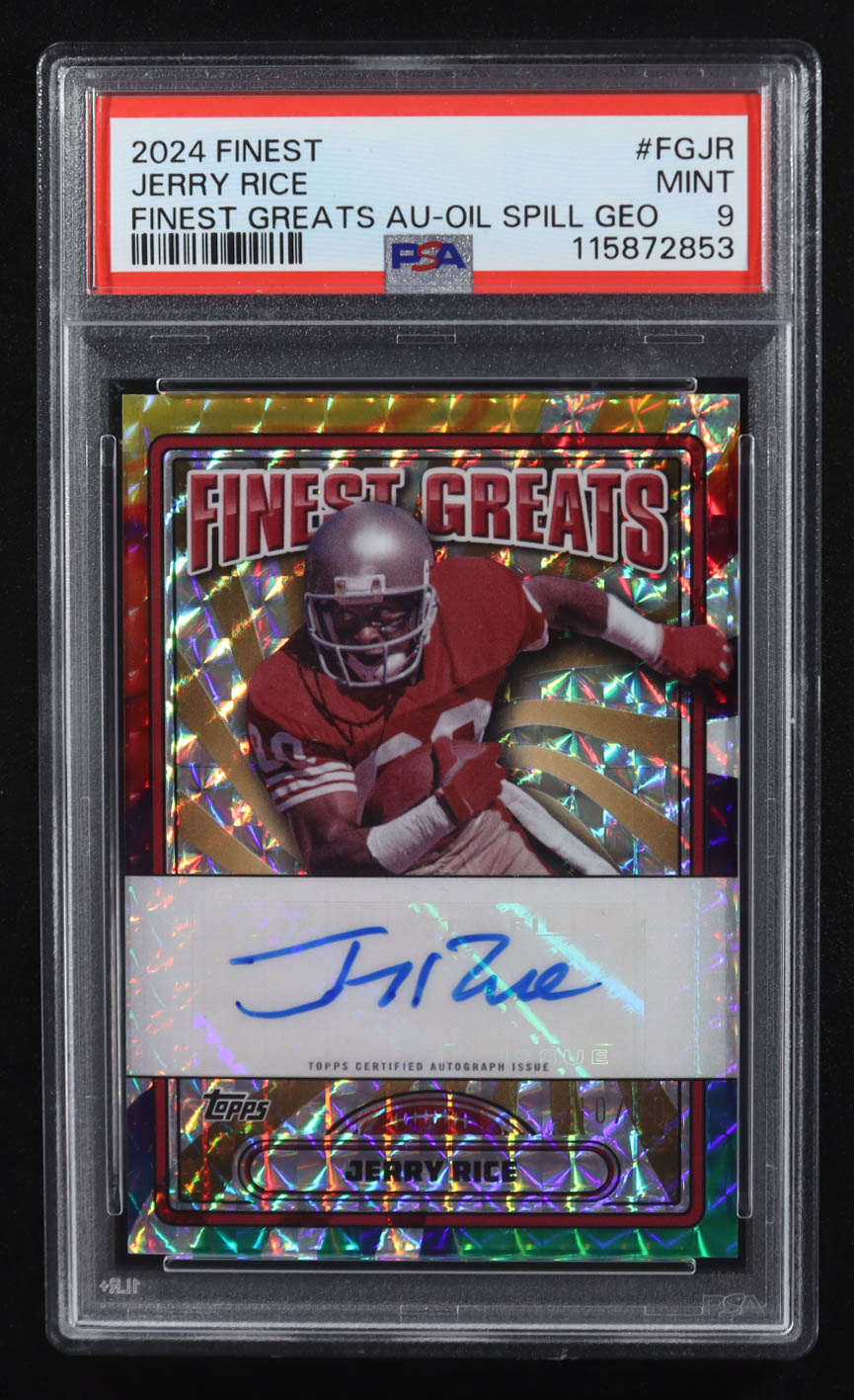 Jerry Rice 2024 Finest Greats Autographs Oil Spill Geometric Refractors #FGJR #10/10 (PSA 9) at PristineAuction.com Jerry Rice 2024 Finest Greats Autographs Oil Spill Geometric Refractors #FGJR #10/10 (PSA 9) at PristineAuction.com