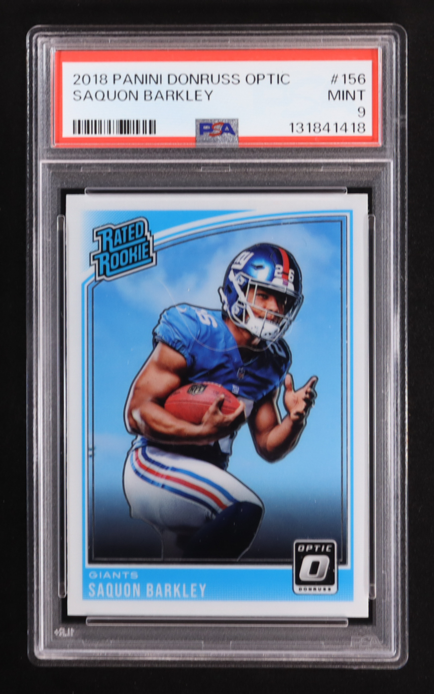 Saquon Barkley 2018 Panini Donruss Optic RR #156 RC (PSA 9) at PristineAuction.com Saquon Barkley 2018 Panini Donruss Optic RR #156 RC (PSA 9) at PristineAuction.com