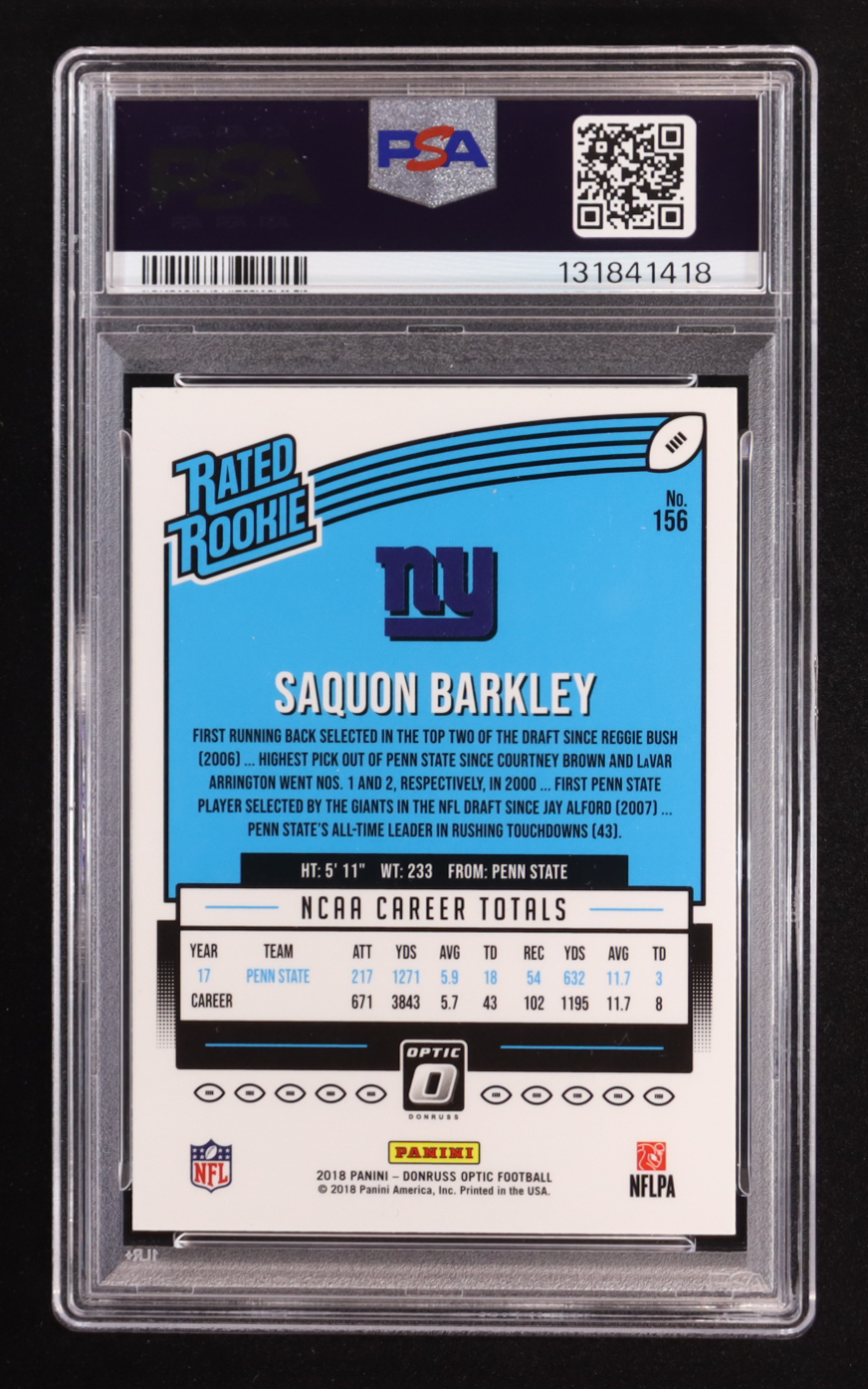 Saquon Barkley 2018 Panini Donruss Optic RR #156 RC (PSA 9) at PristineAuction.com Saquon Barkley 2018 Panini Donruss Optic RR #156 RC (PSA 9) at PristineAuction.com