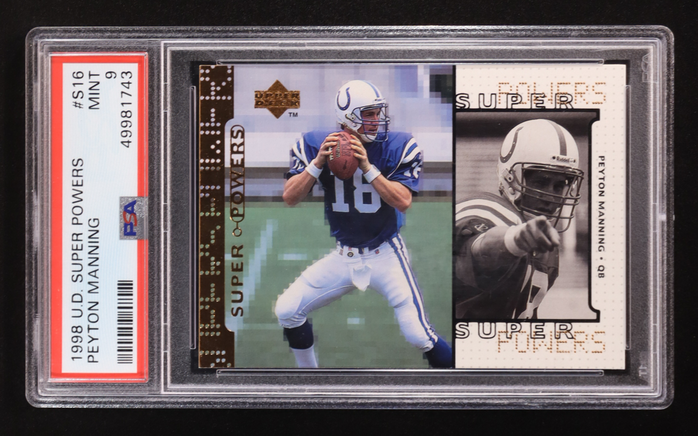 Peyton Manning 1998 Upper Deck Super Powers #S16 RC (PSA 9) at PristineAuction.com Peyton Manning 1998 Upper Deck Super Powers #S16 RC (PSA 9) at PristineAuction.com