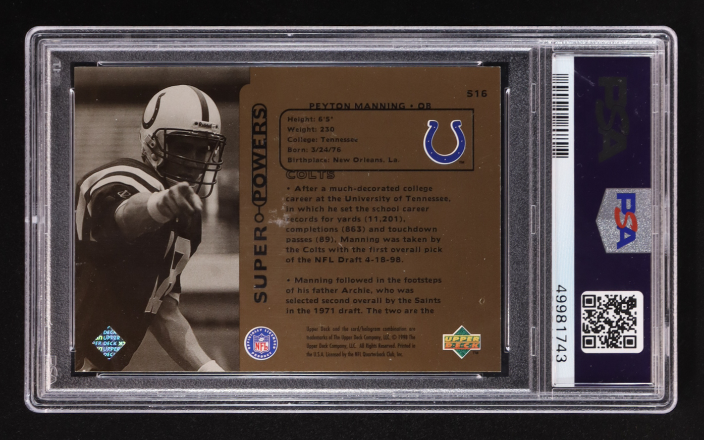 Peyton Manning 1998 Upper Deck Super Powers #S16 RC (PSA 9) at PristineAuction.com Peyton Manning 1998 Upper Deck Super Powers #S16 RC (PSA 9) at PristineAuction.com