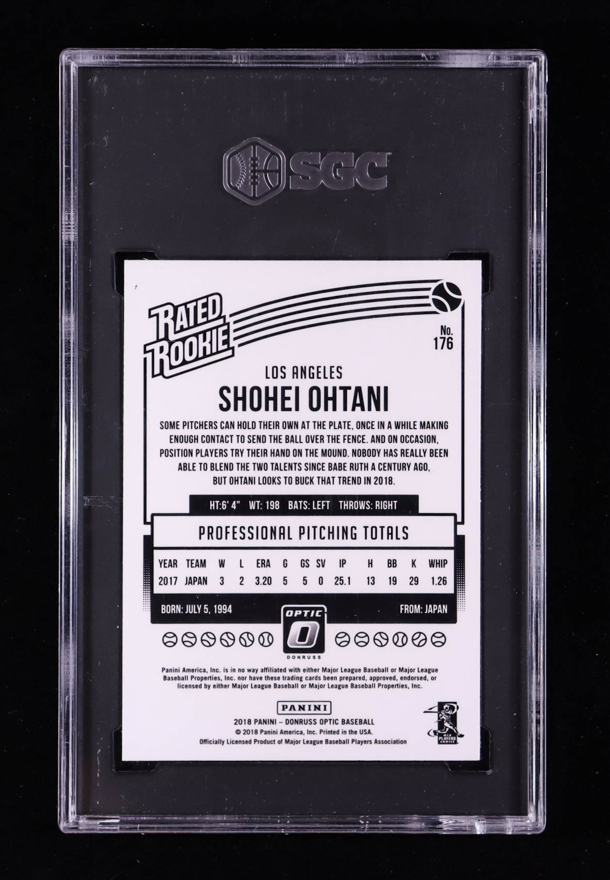 Shohei Ohtani 2018 Donruss Optic #176 RR RC (SGC 10) at PristineAuction.com Shohei Ohtani 2018 Donruss Optic #176 RR RC (SGC 10) at PristineAuction.com