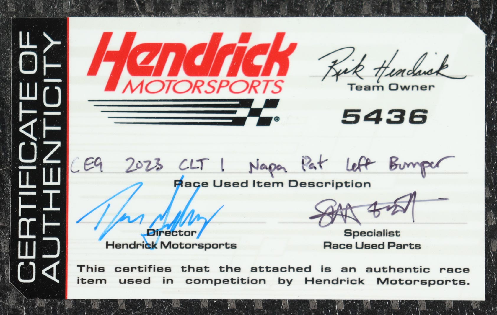 Chase Elliott Race-Used 2023 Charlotte #9 NAPA Auto Parts Patriotic Left Bumper Car Piece (Hendrick Motorsports) at PristineAuction.com Chase Elliott Race-Used 2023 Charlotte #9 NAPA Auto Parts Patriotic Left Bumper Car Piece (Hendrick Motorsports) at PristineAuction.com