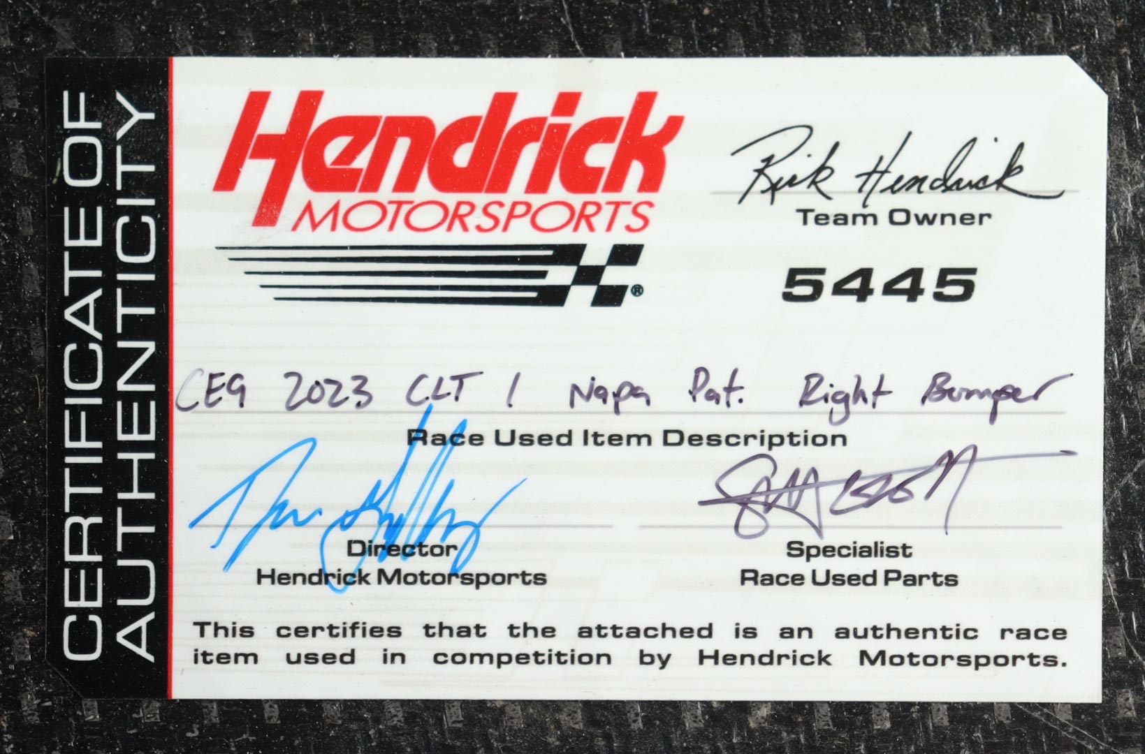 Chase Elliott Race-Used 2023 Charlottw #9 NAPA Auto Parts Patriotic Right Bumper Car Piece (Hendrick Motorsports) at PristineAuction.com Chase Elliott Race-Used 2023 Charlottw #9 NAPA Auto Parts Patriotic Right Bumper Car Piece (Hendrick Motorsports) at PristineAuction.com