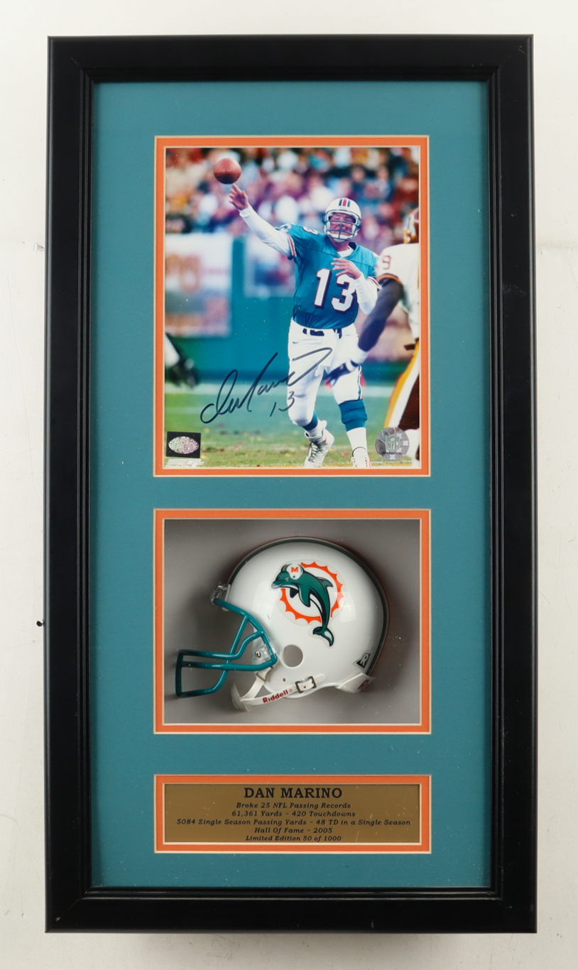 Dan Marino Signed Dolphins Custom Framed Shadowbox Photo Display With Dolphins Mini Helmet (Marino & SoP) at PristineAuction.com Dan Marino Signed Dolphins Custom Framed Shadowbox Photo Display With Dolphins Mini Helmet (Marino & SoP) at PristineAuction.com