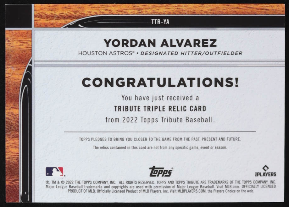 Yordan Alvarez 2022 Topps Tribute Triple Relics Orange #TTRYA #25/25 at PristineAuction.com Yordan Alvarez 2022 Topps Tribute Triple Relics Orange #TTRYA #25/25 at PristineAuction.com