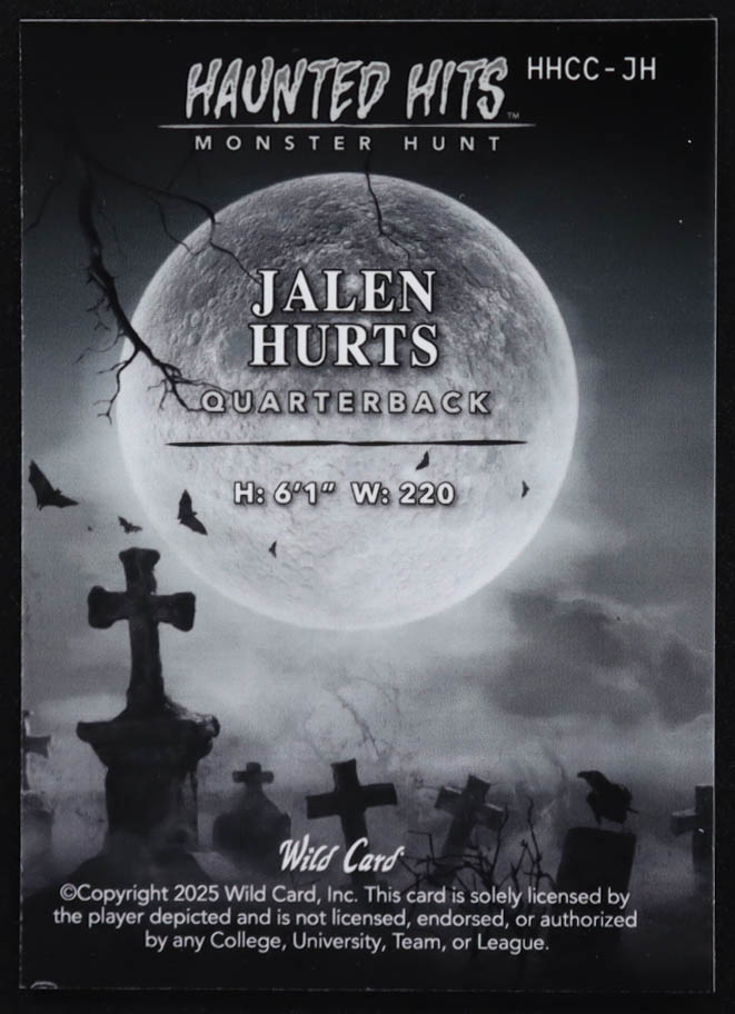 Jalen Hurts 2025 Wild Card Haunted Hits Monster Hunt Haunted Mansion Lava Holo #HHCCJH #1/2 at PristineAuction.com Jalen Hurts 2025 Wild Card Haunted Hits Monster Hunt Haunted Mansion Lava Holo #HHCCJH #1/2 at PristineAuction.com