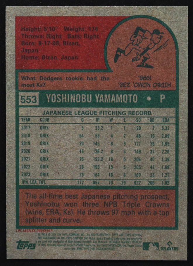 Yoshinobu Yamamoto 2024 Topps Heritage #553 RC at PristineAuction.com Yoshinobu Yamamoto 2024 Topps Heritage #553 RC at PristineAuction.com