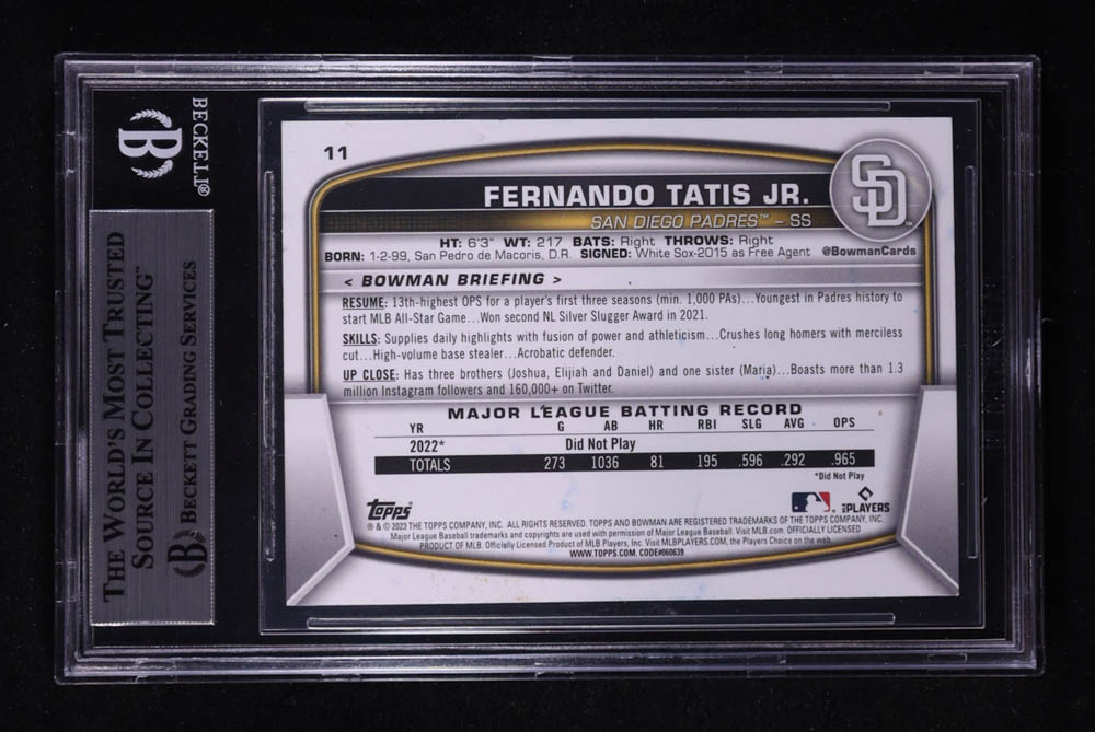 Fernando Tatis Jr. Signed 2023 Bowman #11 (BGS) at PristineAuction.com Fernando Tatis Jr. Signed 2023 Bowman #11 (BGS) at PristineAuction.com