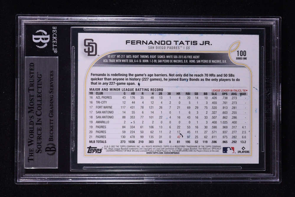 Fernando Tatis Jr. Signed 2022 Topps Series One #100 (BGS) at PristineAuction.com Fernando Tatis Jr. Signed 2022 Topps Series One #100 (BGS) at PristineAuction.com