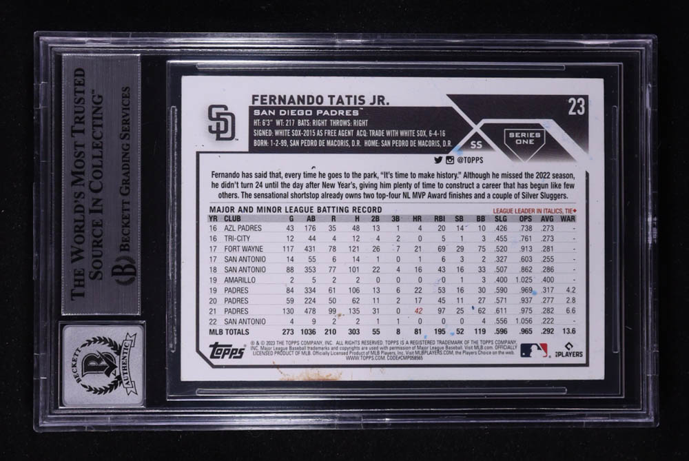 Fernando Tatis Jr. Signed 2023 Topps Series One #23 (BGS) at PristineAuction.com Fernando Tatis Jr. Signed 2023 Topps Series One #23 (BGS) at PristineAuction.com