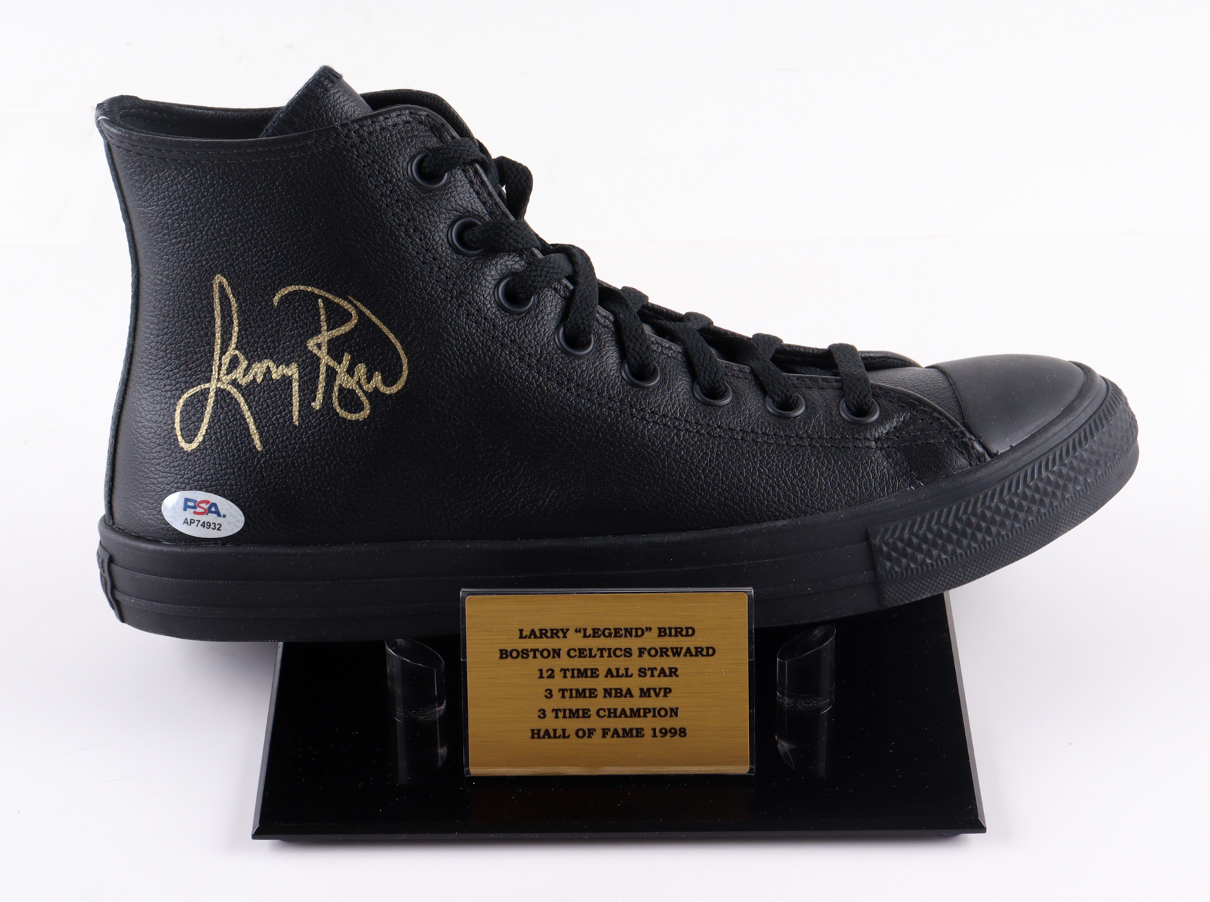 Larry Bird Signed Converse Black Leather Basketball Shoe with Statistics Plaque Display Stand (PSA) at PristineAuction.com Larry Bird Signed Converse Black Leather Basketball Shoe with Statistics Plaque Display Stand (PSA) at PristineAuction.com