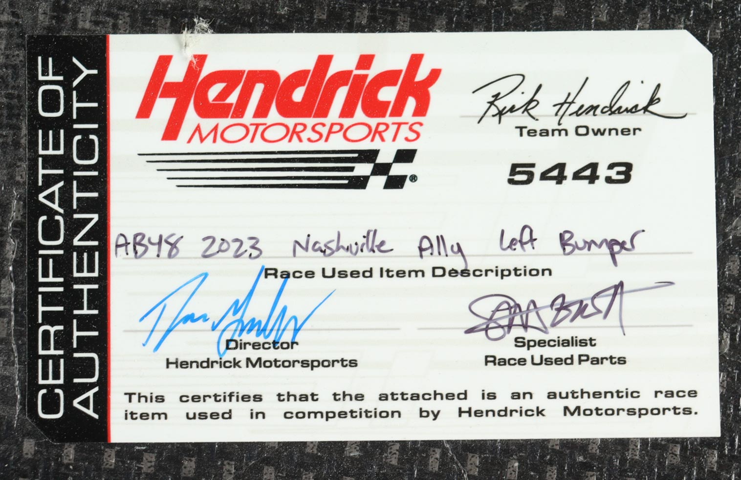 Alex Bowman Race-Used 2023 Ally 400 #48 Ally Left Bumper Car Piece (Hendrick Motorsports) at PristineAuction.com Alex Bowman Race-Used 2023 Ally 400 #48 Ally Left Bumper Car Piece (Hendrick Motorsports) at PristineAuction.com