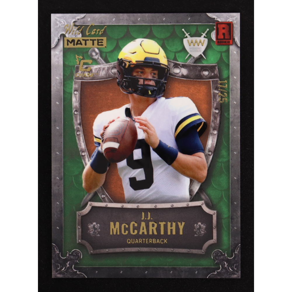 J.J. McCarthy 2023 Wild Card Matte Weekend Warrior Gold Chase Green Orange #WWJM #17/25 RC at PristineAuction.com