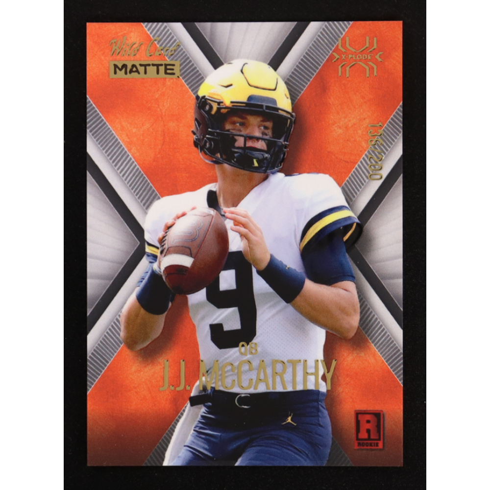 J.J. McCarthy 2023 Wild Card Matte X-Plode Gold Foil Silver Orange #MXP-JM #136/200 RC at PristineAuction.com