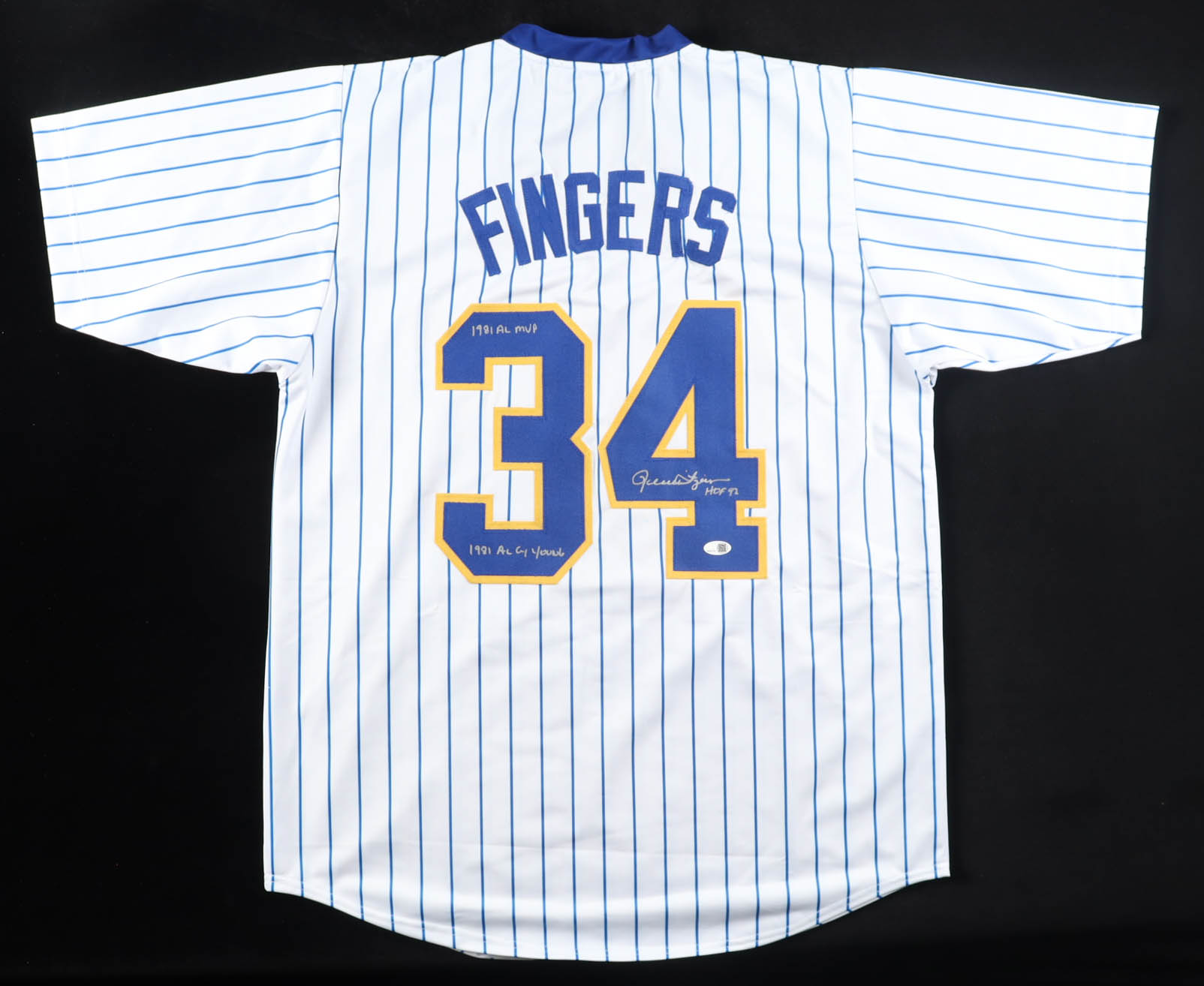 Rollie Fingers Signed Jersey Inscribed "1981 AL MVP", & "1981 AL Cy Young", & "HOF 93" (JSA) at PristineAuction.com Rollie Fingers Signed Jersey Inscribed "1981 AL MVP", & "1981 AL Cy Young", & "HOF 93" (JSA) at PristineAuction.com