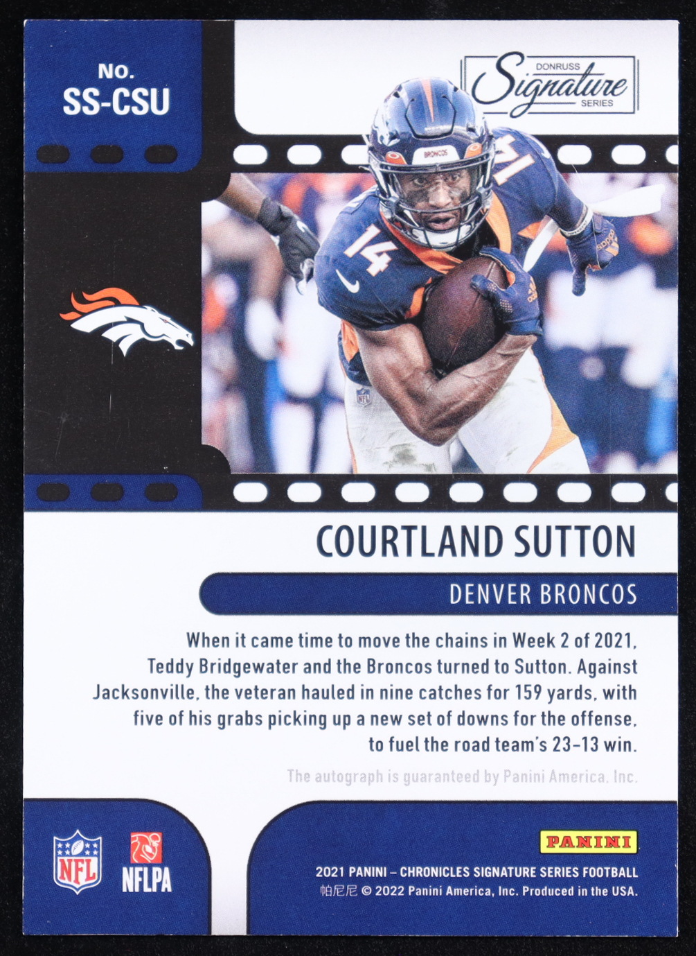 Courtland Sutton 2021 Panini Chronicles Signature Series Autographs #5 #210/399 at PristineAuction.com Courtland Sutton 2021 Panini Chronicles Signature Series Autographs #5 #210/399 at PristineAuction.com