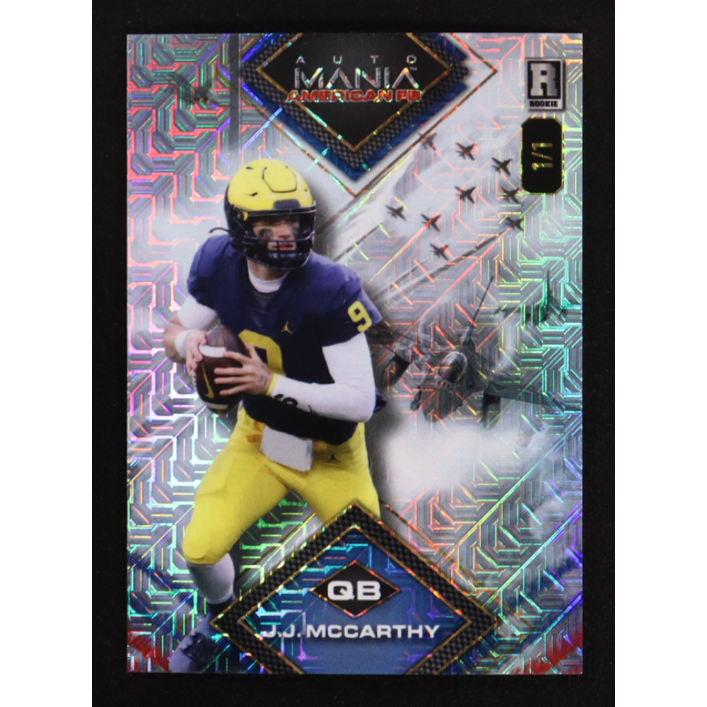 J.J. McCarthy 2023 Wild Card Auto Mania American FB Diamond Fighter Jets Mojo #AMADJM #1/1 RC at PristineAuction.com