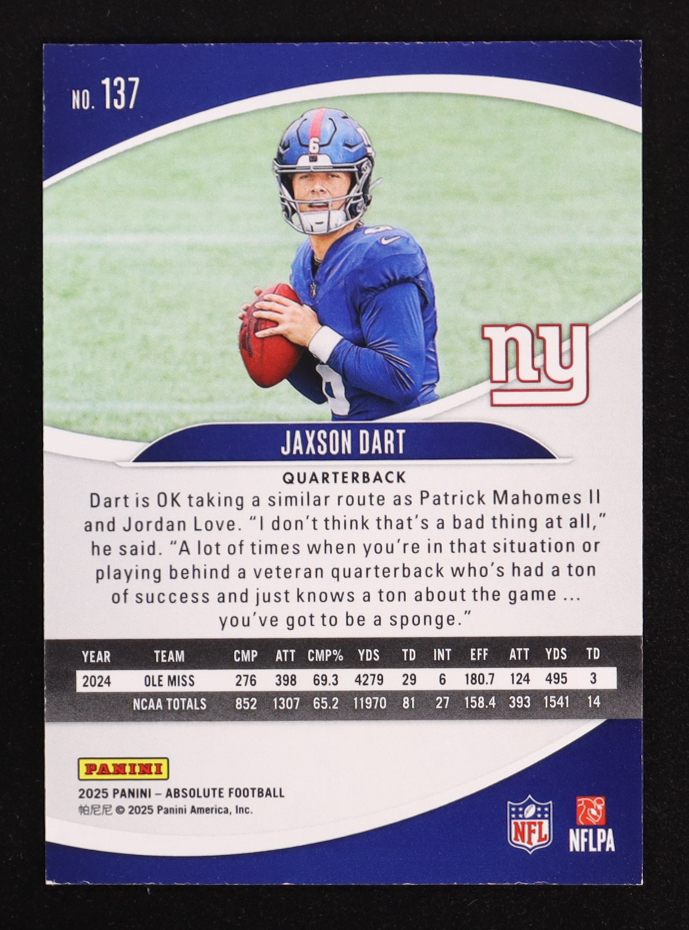 Jaxson Dart 2025 Absolute Retail #137 RC at PristineAuction.com Jaxson Dart 2025 Absolute Retail #137 RC at PristineAuction.com