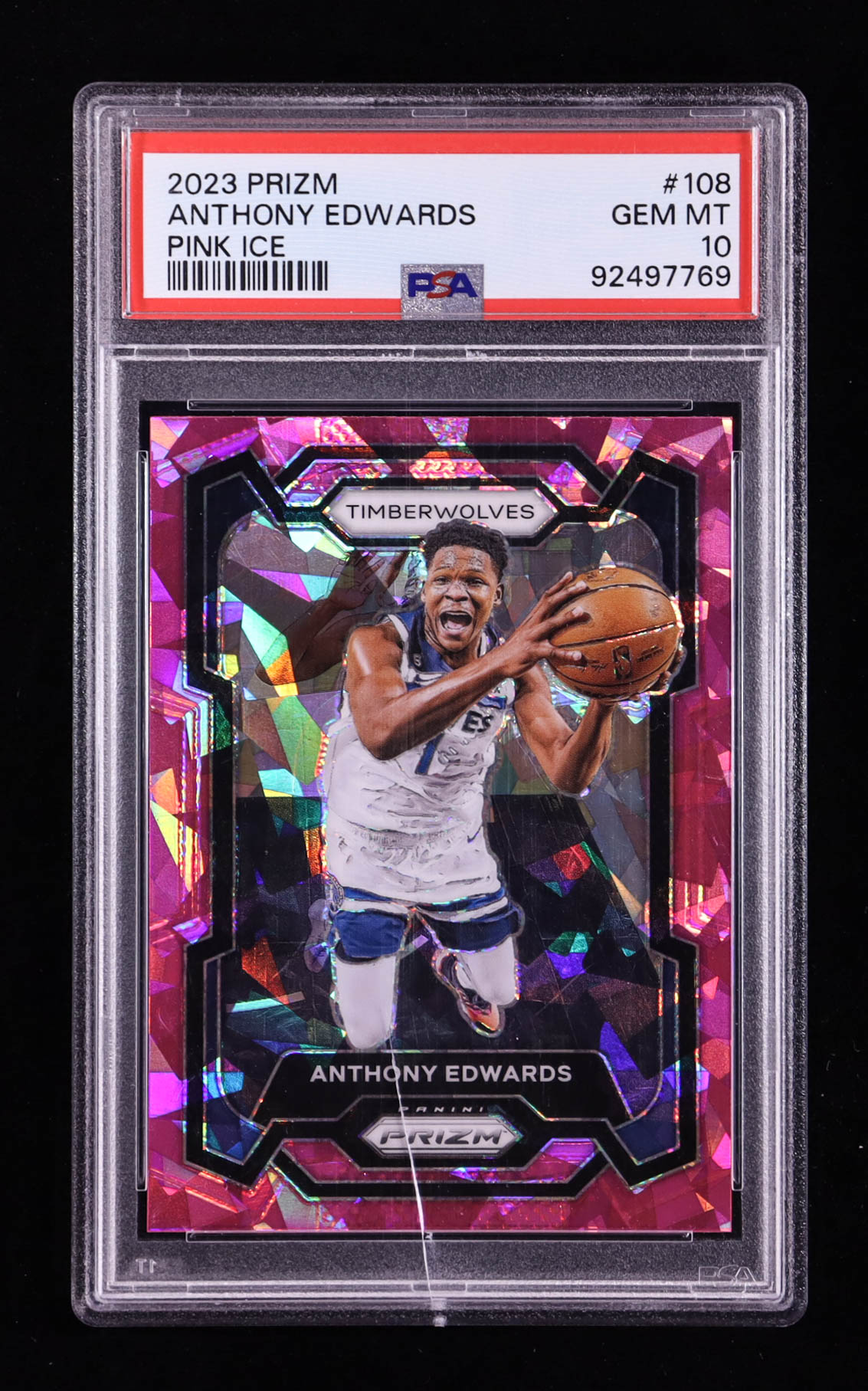 Anthony Edwards 2023-24 Panini Prizm Prizms Pink Ice #108 (PSA 10) at PristineAuction.com Anthony Edwards 2023-24 Panini Prizm Prizms Pink Ice #108 (PSA 10) at PristineAuction.com