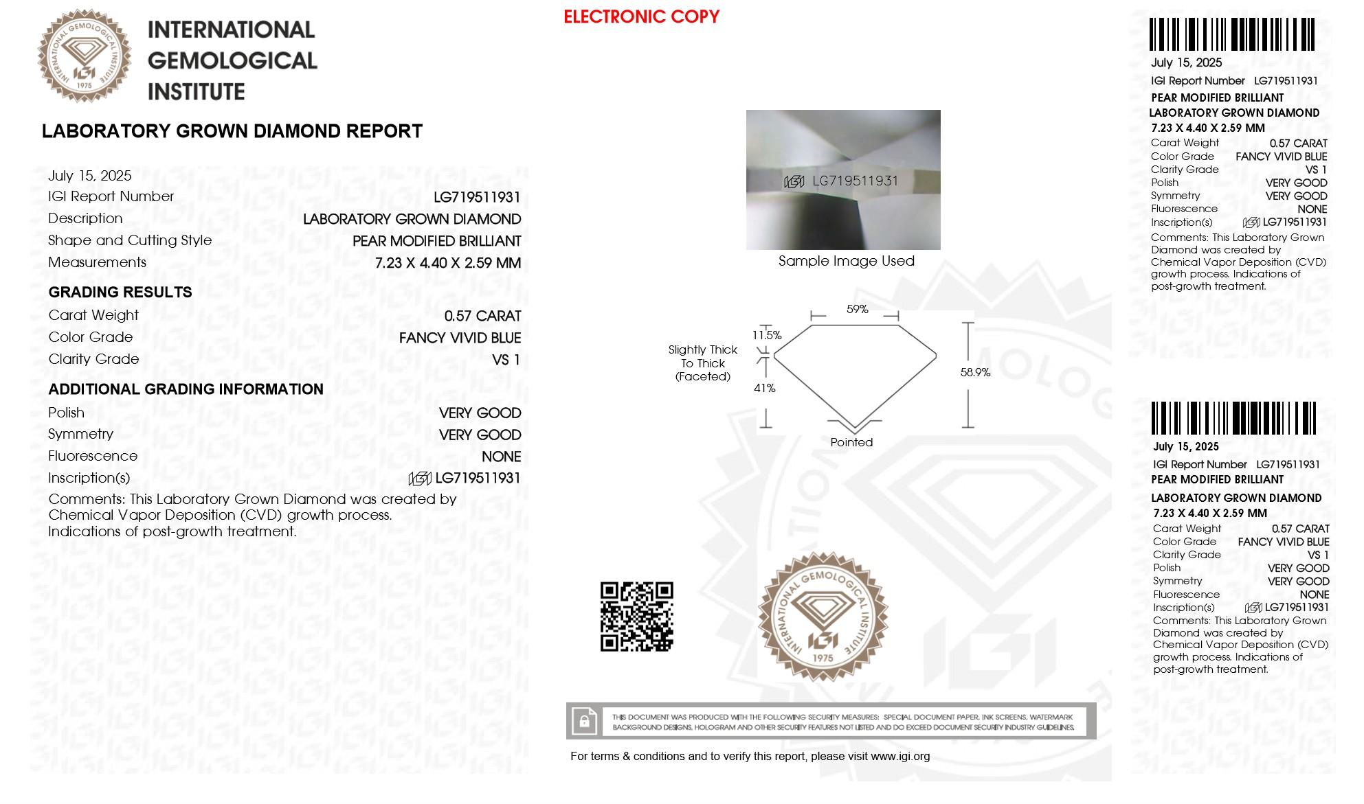 .57 Carats Lab Grown FANCY VIVID BLUE Diamond Loose VS1 | IGI Cert | Pear Cut at PristineAuction.com .57 Carats Lab Grown FANCY VIVID BLUE Diamond Loose VS1 | IGI Cert | Pear Cut at PristineAuction.com