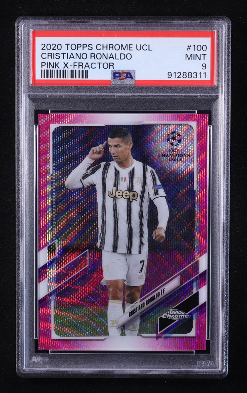 Cristiano Ronaldo 2020-21 Topps Chrome UEFA Champions League Pink X-fractors #100 (PSA 9) at PristineAuction.com Cristiano Ronaldo 2020-21 Topps Chrome UEFA Champions League Pink X-fractors #100 (PSA 9) at PristineAuction.com