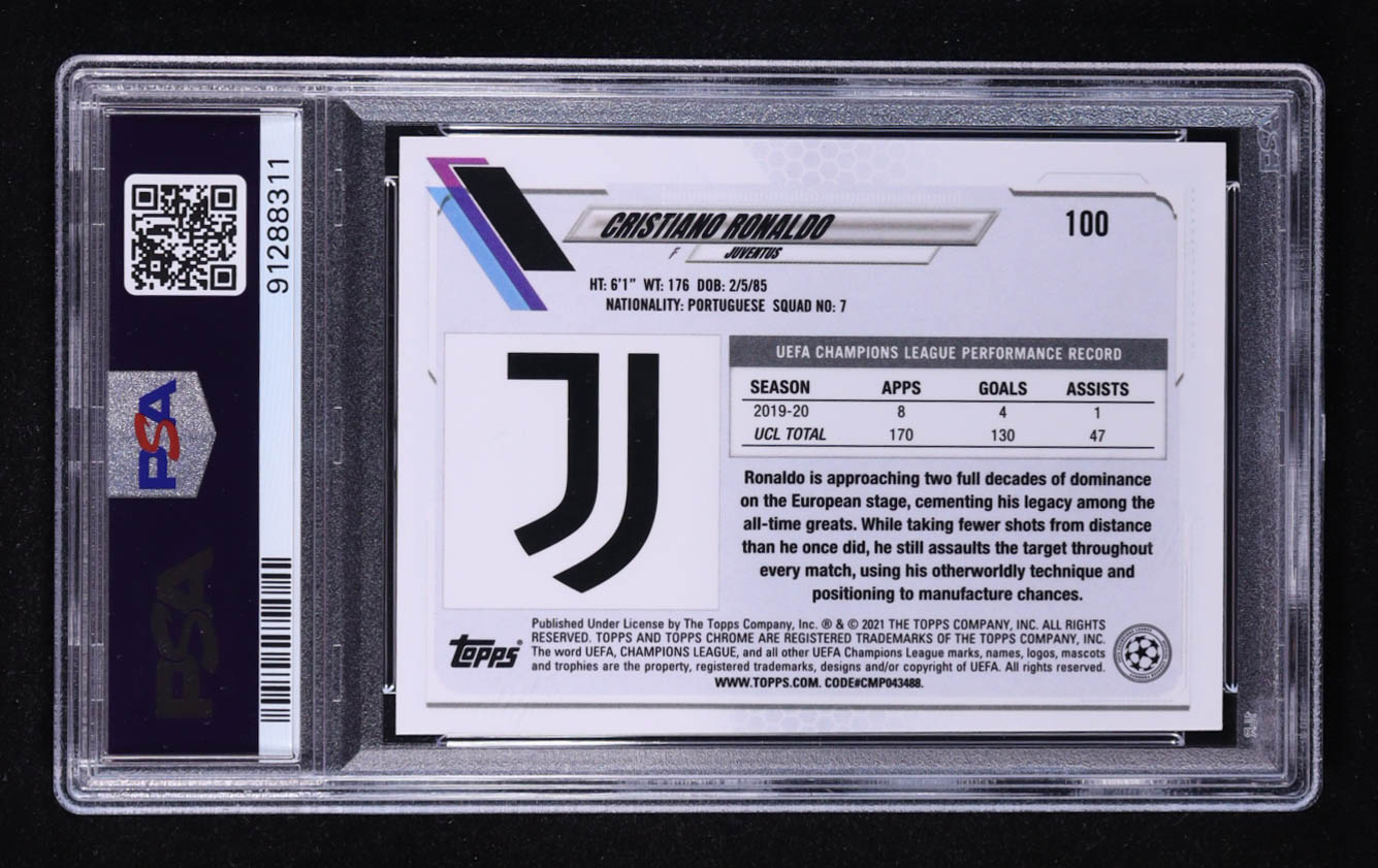 Cristiano Ronaldo 2020-21 Topps Chrome UEFA Champions League Pink X-fractors #100 (PSA 9) at PristineAuction.com Cristiano Ronaldo 2020-21 Topps Chrome UEFA Champions League Pink X-fractors #100 (PSA 9) at PristineAuction.com