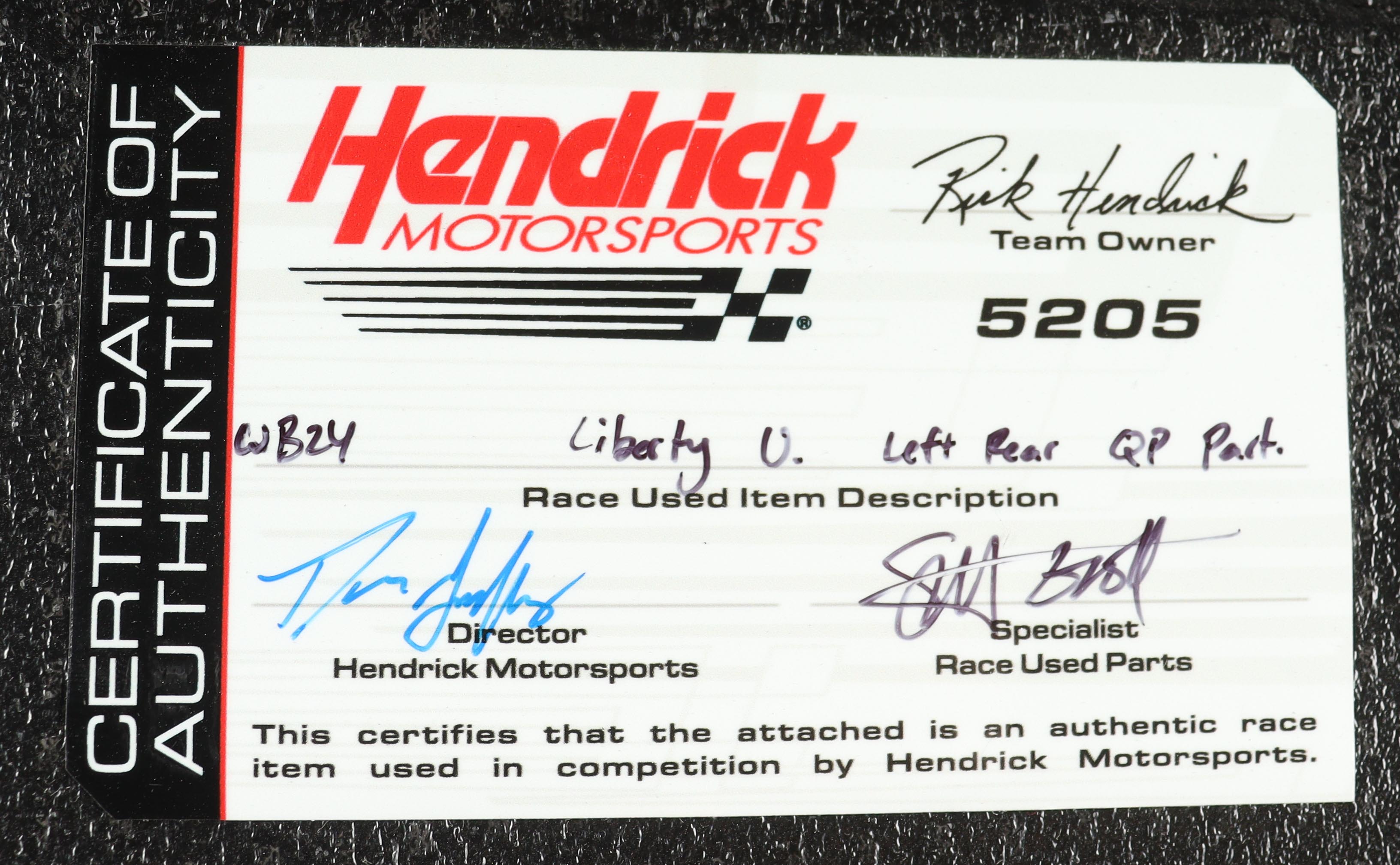 William Byron Race-Used 2025 NASCAR Cup Series #24 Liberty University Partial Left Rear Quarter Panel Car Piece (Hendrick Motorsports) at PristineAuction.com William Byron Race-Used 2025 NASCAR Cup Series #24 Liberty University Partial Left Rear Quarter Panel Car Piece (Hendrick Motorsports) at PristineAuction.com